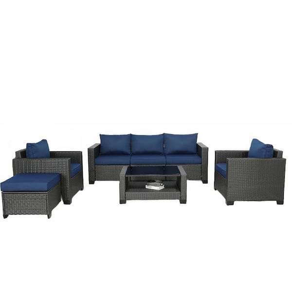 Zeus & Ruta 7-Piece Wicker Outdoor Sectional Sofa, Hand-Woven Patio Conversation Set with Coffee Table and Dark Blue Cushions