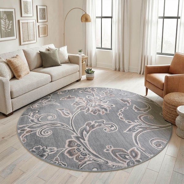 Madison Floral Gray 6 ft. Round Indoor Area Rug