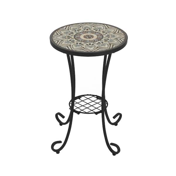 Black Frame Round Brown Ceramic Top Outdoor Side Table with Shelf,Powder-Coated Steel Frame and Weather-Resistant Finish