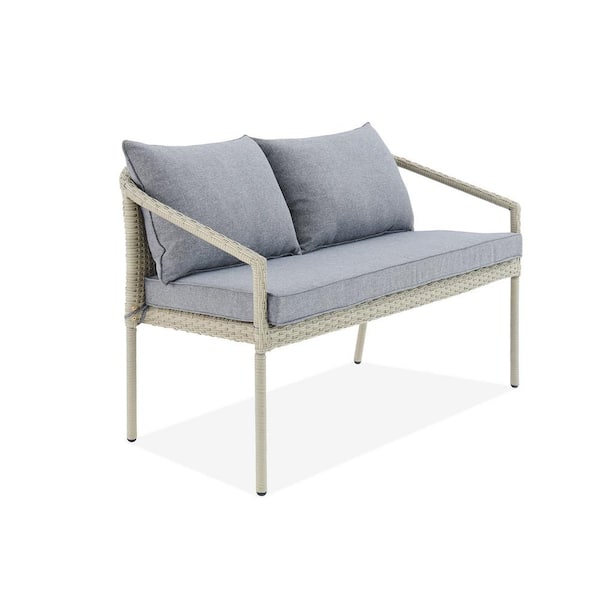 Alaterre Furniture Windham All-Weather Wicker 2-Seat Outdoor Light Gray Loveseat Bench with Dark Gray Cushions