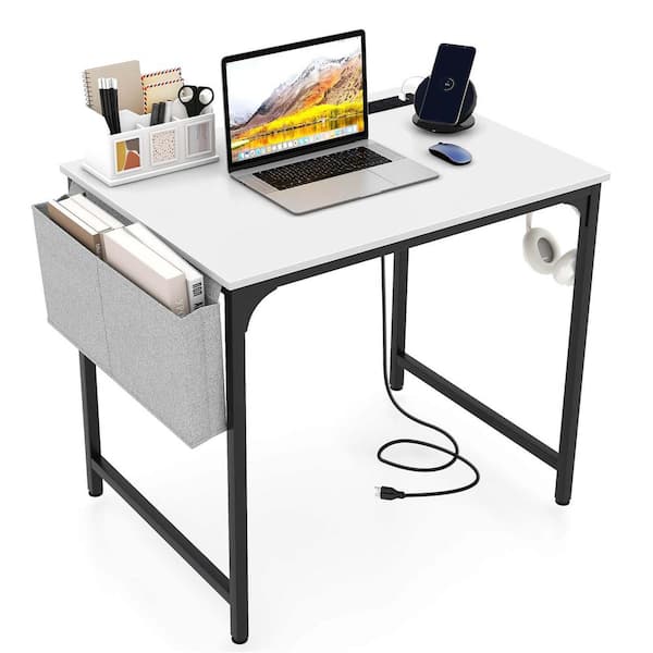 Costway 32 in. Rectangular White Wood Desk with Charging Station Storage Bag and Headphone Hook