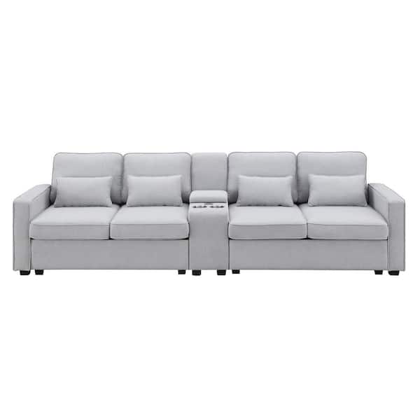 Clihome 114 in. Square Arm Linen Fabric Rectangle Sofa in Light Gray with 2-USB Ports Wired or Wirelessly Charged