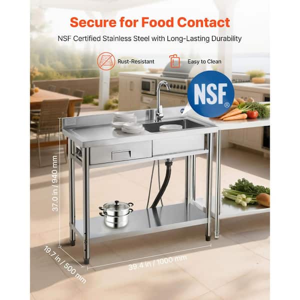 VEVOR 17 in. Stainless Steel Commercial Sink, Single Bowl Drawer