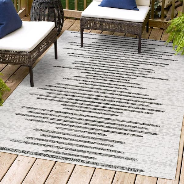 Zolak Berber Stripe Geometric Ivory/Black 9 ft. x 12 ft. Indoor/Outdoor Area Rug