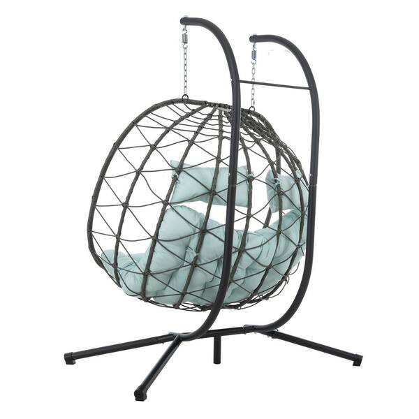 Sudzendf 2 Persons Black Metal Outdoor Chaise Lounge, Egg Chair with Green Cushions and Stand