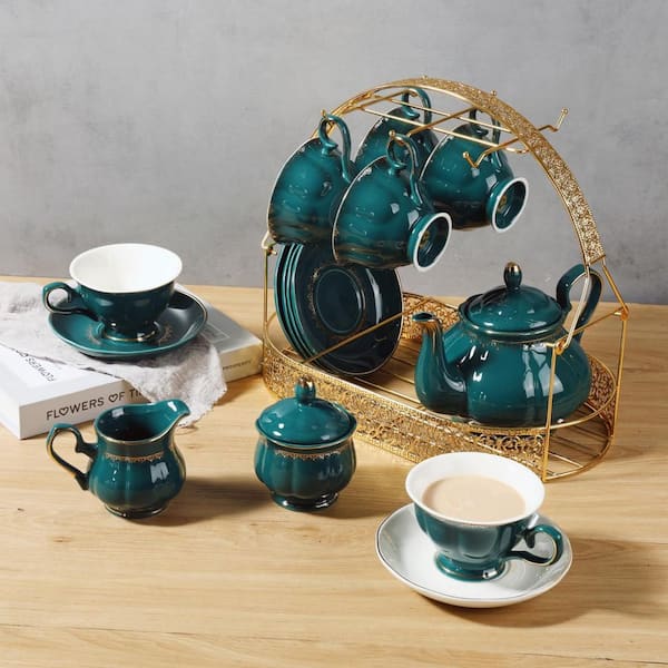 Wudkey 22-Piece Dark Green Porcelain Ceramic Tea Set with Teapot