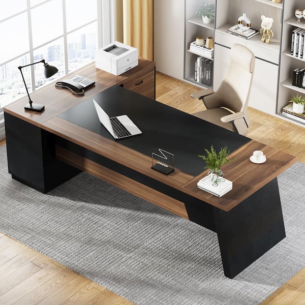 BYBLIGHT Capen 78.7 in. L Shape Brown and White Wood 2-Drawer Executive ...