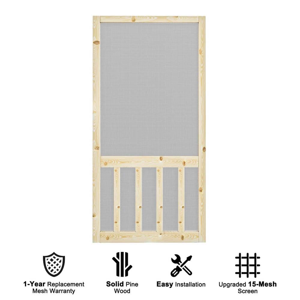 36 in. x 80 in. Universal Unfinished Solid Pine Wood Farmhouse 5-Bar Hinged Screen Door with Gauze Mesh for Courtyard