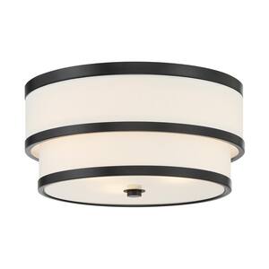 Cascade 15 in. 3-Light Black Flush Mount with White Linen Shades