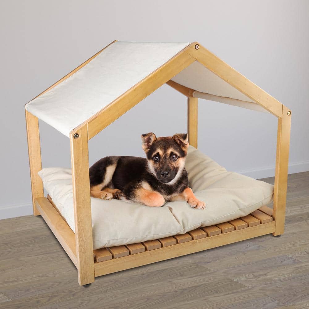 Small Natural Wood Indoor Dog House with Cushion and Canopy