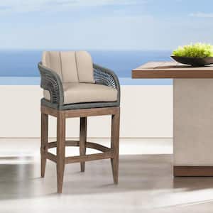 Orbit Counter Height Eucalyptus Wood Outdoor Barstool with Taupe Cushion