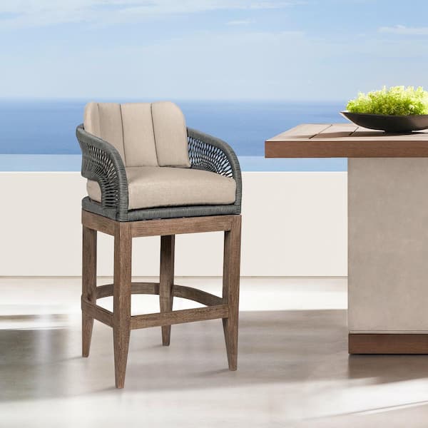 Armen Living Orbit Counter Height Eucalyptus Wood Outdoor Barstool with Taupe Cushion