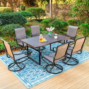 Black 7-Piece Metal Patio Outdoor Dining Set with U Shaped Rectangle Table and Textilene Swivel Chairs