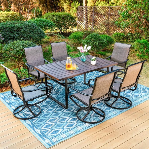 PHI VILLA Black 7-Piece Metal Patio Outdoor Dining Set with U Shaped Rectangle Table and Textilene Swivel Chairs