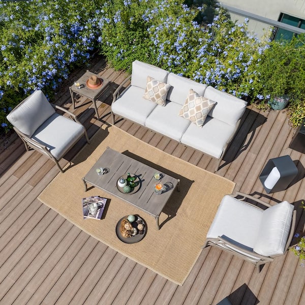 PEAK HOME FURNISHINGS Lamando 5-Piece Aluminum Patio Outdoor Conversation Set with Light Mixed Gray Cushions Sofa