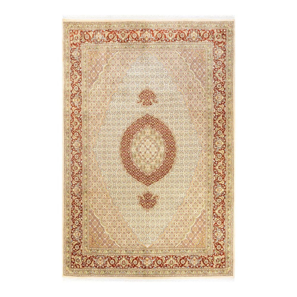 Ivory and Red Hand-Knotted Wool 8' x 10' Oriental Rug