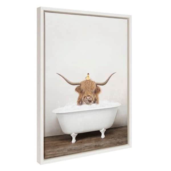 Kate and Laurel Sylvie Highland Cow and Duckling in Rustic Bath by Amy Peterson Art Studio Framed Art Print 18 in. x 24 in.