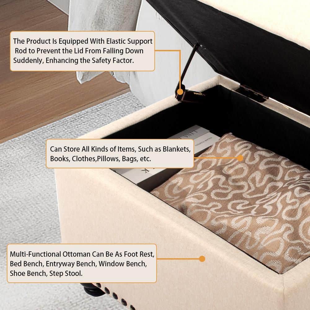 Beige Linen Tufted Storage Ottoman Bench with Wood Legs