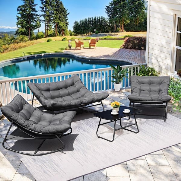 NOBLEMOOD Residential Gray Metal Outdoor Rocking Chair Loveseat with Gray Cushions 4-Pack