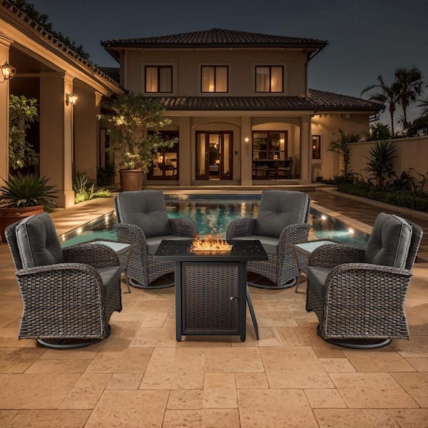 Brown 7-Piece Wicker Patio Fire Pit Set, Outdoor 4-Person Seating Set with Olefin Gray Cushions and Swivel Rockers