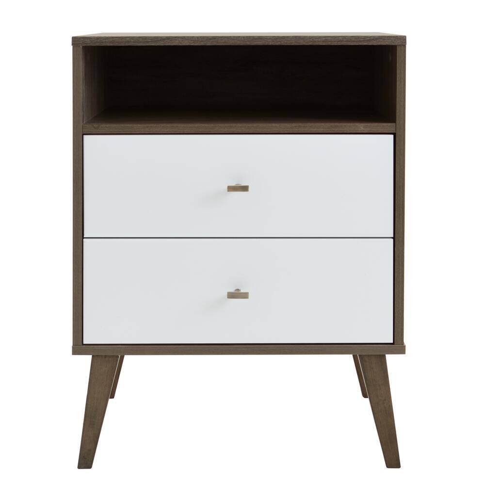 Mid-Century Modern Drifted Gray and White 2-Drawer Nightstand with Shelf