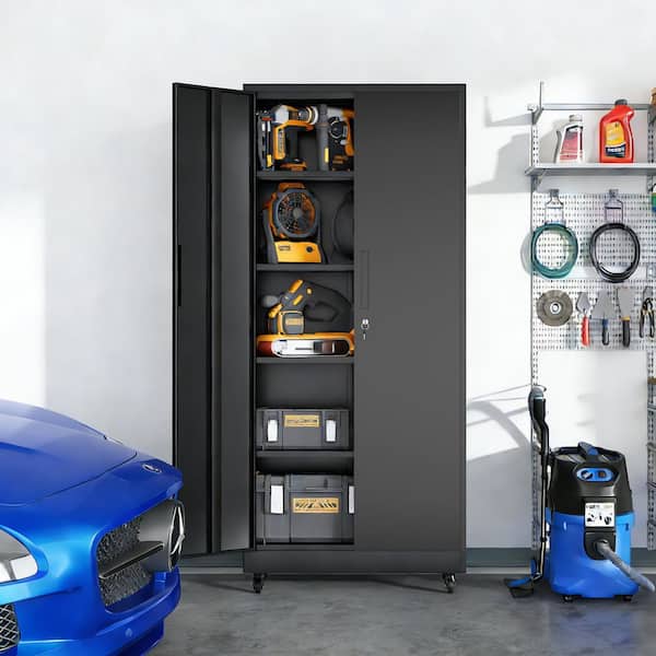 Delira Modern Black 74 in. Metal Rolling Storage Cabinet with Doors and Shelves, Garage Tool Locking Cabinet