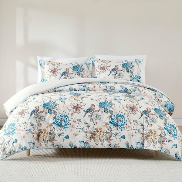 Lush Decor Bird And Hydrangea Reversible 3-Piece Teal/Neutral Cotton Full/Queen Duvet Cover Set