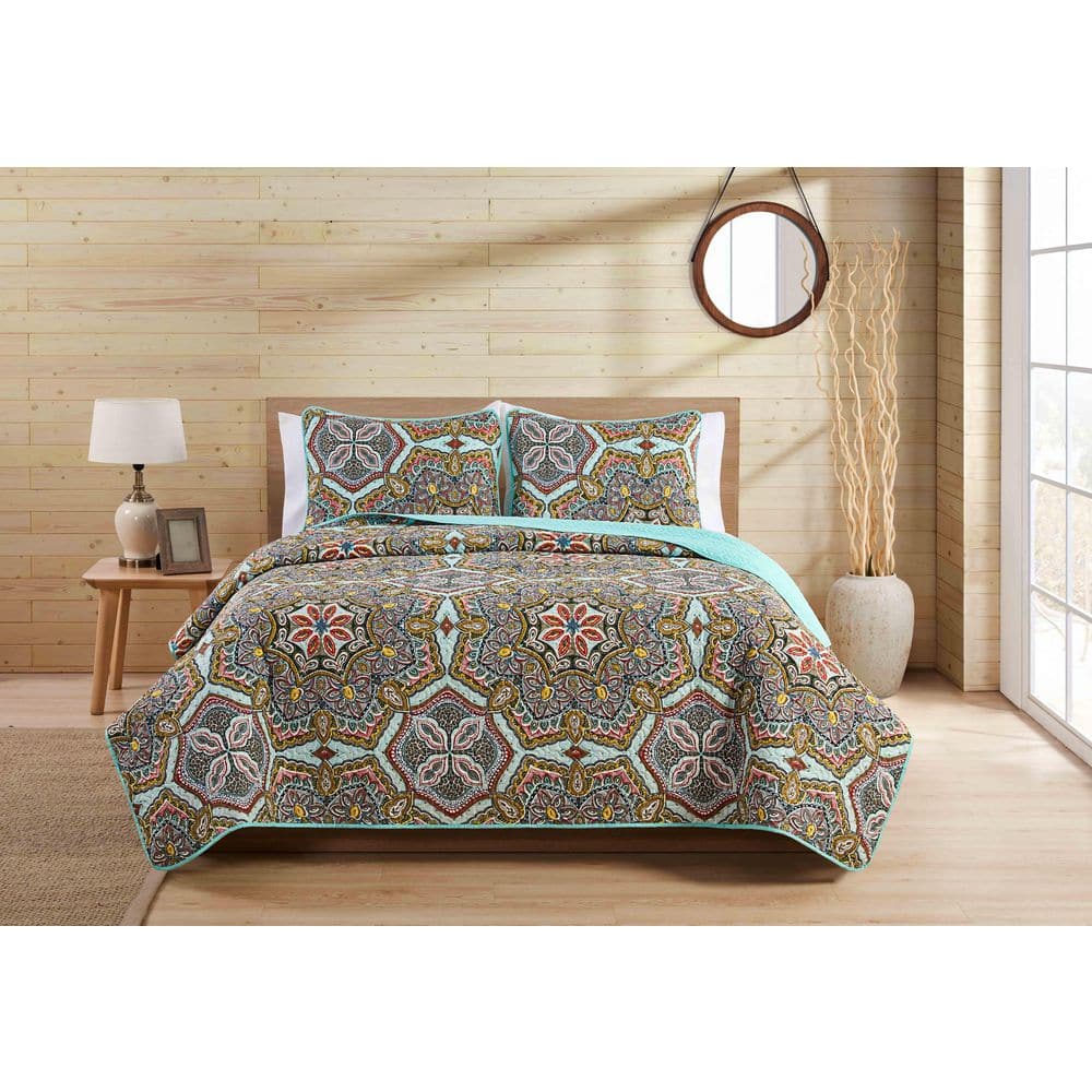 Full Reversible Multicolor Microfiber Medallion Quilt Set