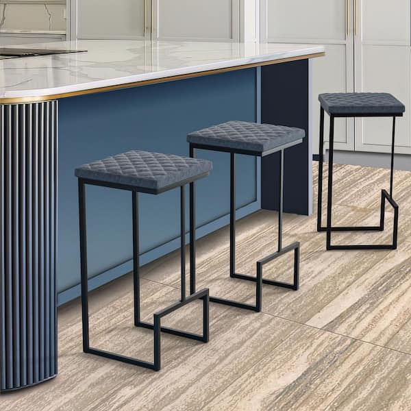 Quincy 29 in. Quilted Leather Bar Stool – Black Metal Frame with Footrest Counter Height Chair in Blue
