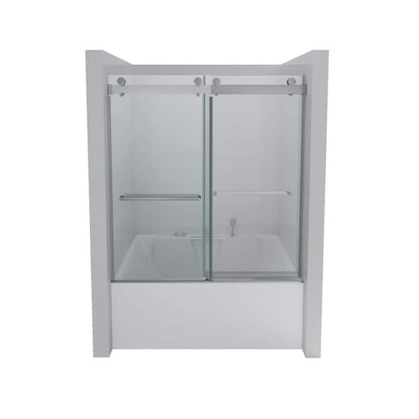 60 in. W x 60 in. H Sliding Frameless Tub Door in Brushed Nickel Finish with Clear Glass