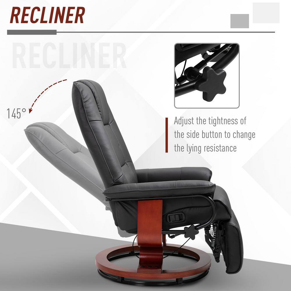 Black Faux Leather Swivel Recliner with Wood Base