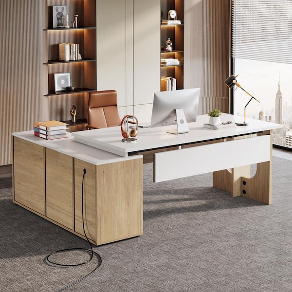 Halseey 75 in. L-Shaped White Wood Executive Computer Desk, Large Office Desk with Shelves, Doors