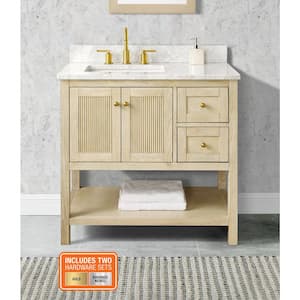 Arcott 37 in W x 22 in D x 35 in H Single Sink Fluted Bath Vanity in Natural Wood With Carrara Marble Top