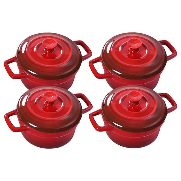 1.5 qt. Mini Cocotte Round Ceramic Casserole Dish in Red with Lid Oven Microwave Dishwasher Safe 4-Pack