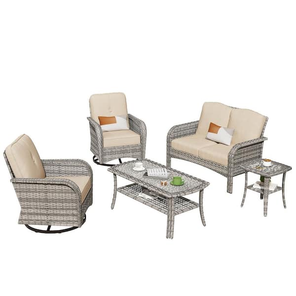 Mejy Gray 5-Piece Wicker Patio Conversation Set with Beige Cushions and Swivel Chairs