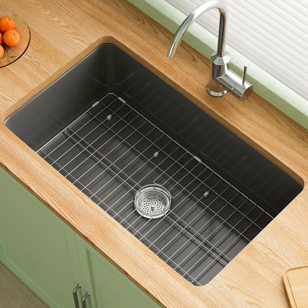 Black Rectangular Fireclay 32 in. Single Bowl Undermount/Drop-In Kitchen Sink with Basket Strainer and Sink Grid