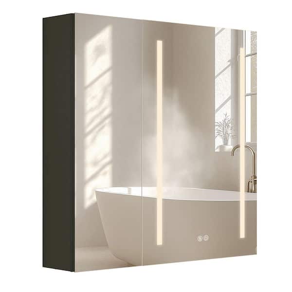 Getpro Ember 30 in. W x 30 in. H Black Rectangular Aluminum Surface Mount Defogging Led Bathroom Medicine Cabinet with Mirror