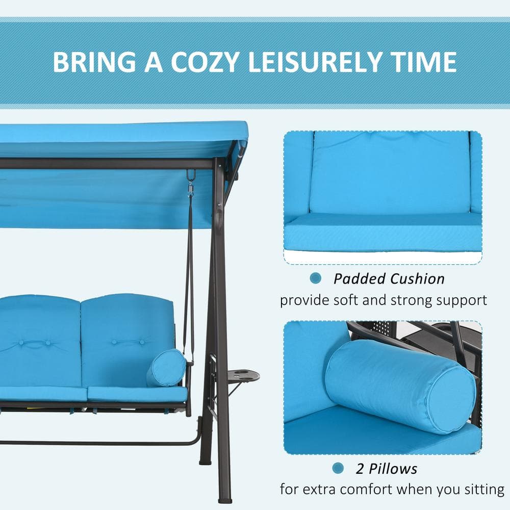 Blue Steel Frame 3-Seat Outdoor Patio Swing with Canopy and Cushions
