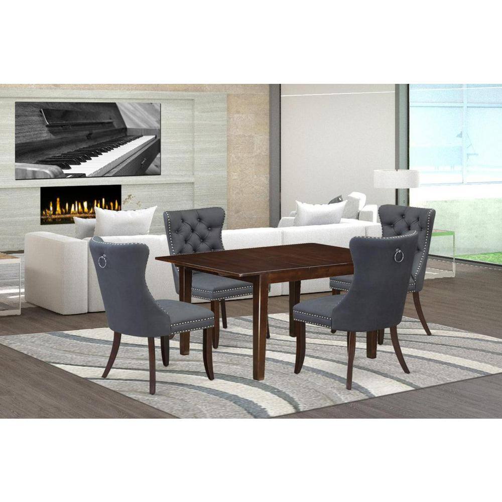 5-Piece Mahogany Finish Solid Wood Top - Rectangular Upholstered Dining Room Set with Butterfly Leaf - Seats 4