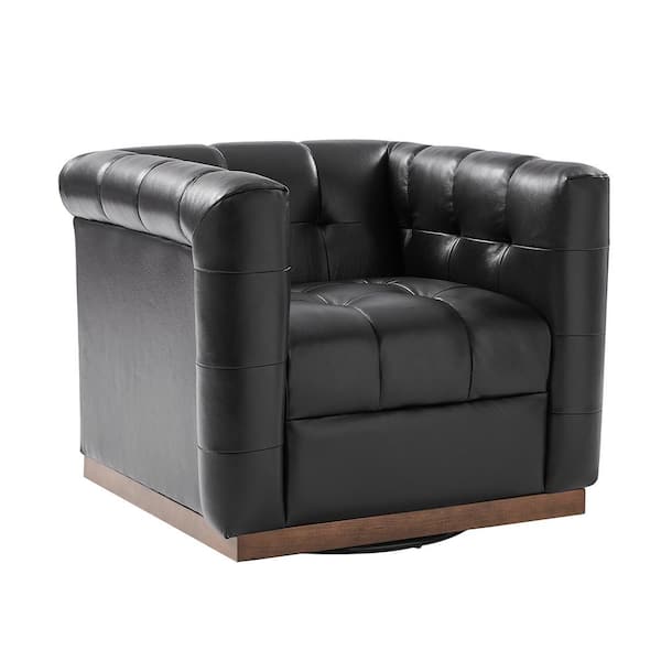 Gunther Black Genuine Leather Swivel Club Chair with Wooden Apron
