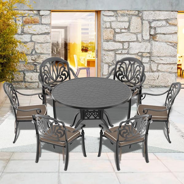 Willit Elizabeth Black 7-Piece Cast Aluminum Outdoor Dining Set with 47.24 in. Round Table and Random Color Seat Cushions