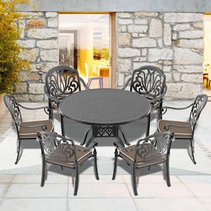 Elizabeth Black 7-Piece Cast Aluminum Outdoor Dining Set with 47.24 in. Round Table and Random Color Seat Cushions