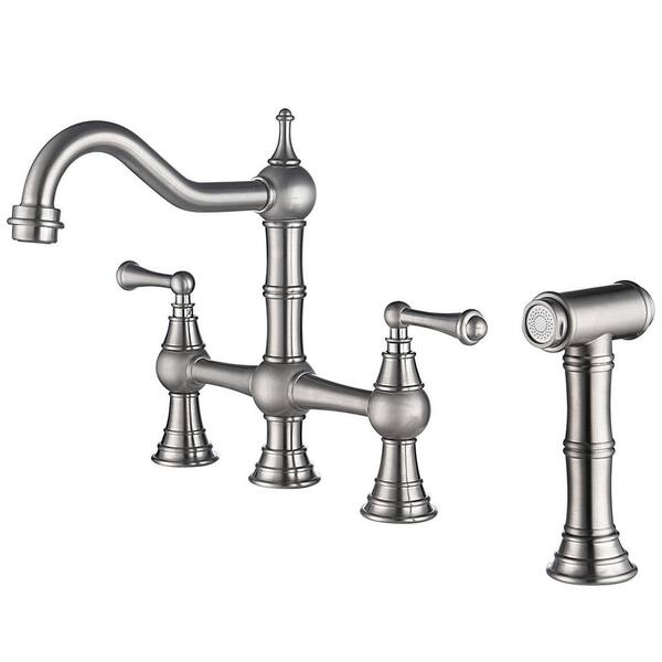 GIVING TREE 2-Handle Bridge Kitchen Faucet with Lever Handles and Side Spray Faucet for Kitchen Island in Brushed Nickel