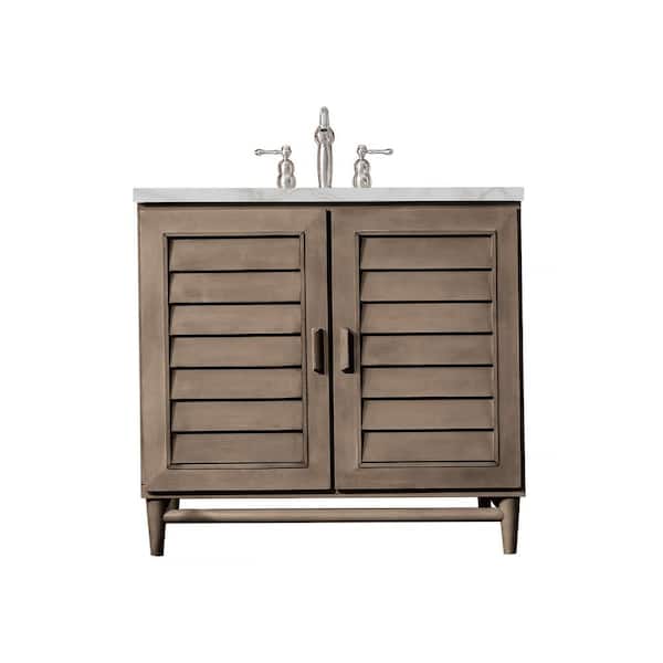 James Martin Vanities Portland 36.0 in. W x 23.5 in. D x 34.3 in. H Single Bathroom Vanity Whitewashed Walnut and Victorian Silver Quartz Top