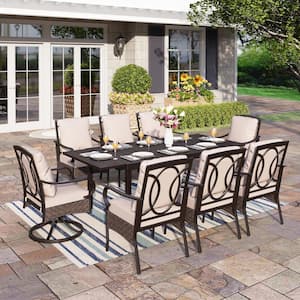 9-Piece Metal Patio Outdoor Dining Set with Black Expandable Rectangle Table and Chairs with Beige Cushions
