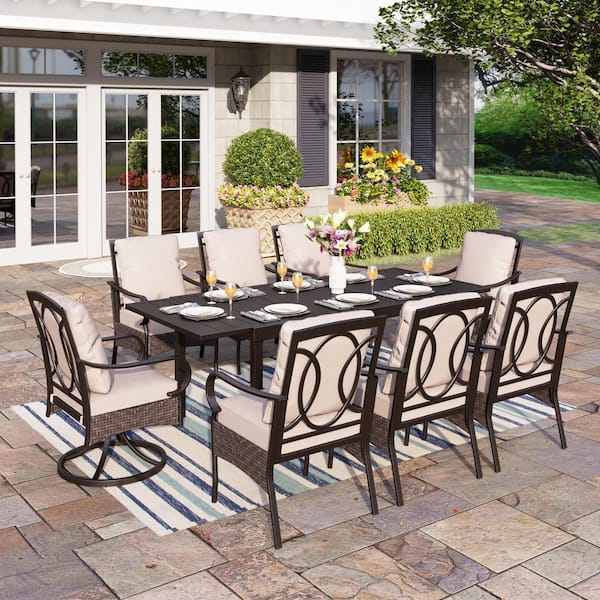 PHI VILLA 9-Piece Metal Patio Outdoor Dining Set with Black Expandable Rectangle Table and Chairs with Beige Cushions