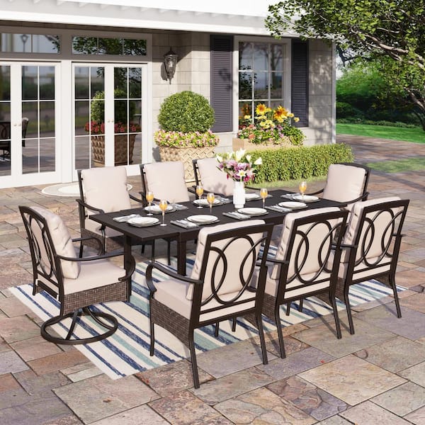 PHI VILLA 9-Piece Metal Patio Outdoor Dining Set with Black Expandable ...