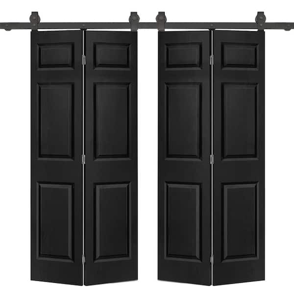 CALHOME 72 in. x 80 in. Hollow Core 6-Panel Black MDF Composite Double Bi-Fold Barn Doors with Sliding Hardware Kit