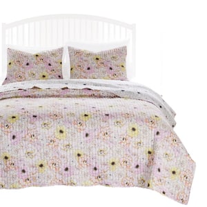 2-Piece White and Pink Solid Twin Size Microfiber Quilt Set