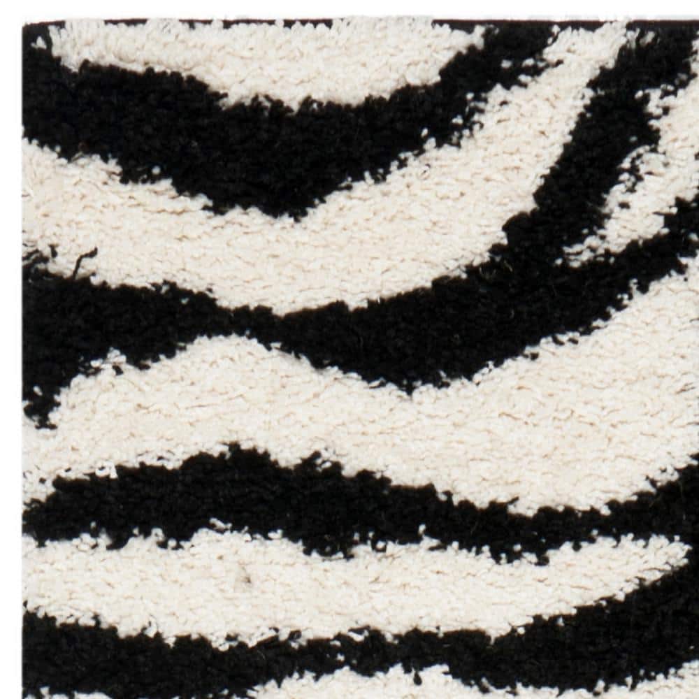 Black and Ivory Zebra Print Shag Runner Rug 2'3" x 7'